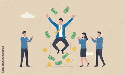 Foto Success teams rocket happy millionaire with plenty of money and wealth, income o