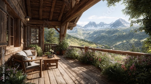 Scenic Mountain View from Wooden Cabin Porch