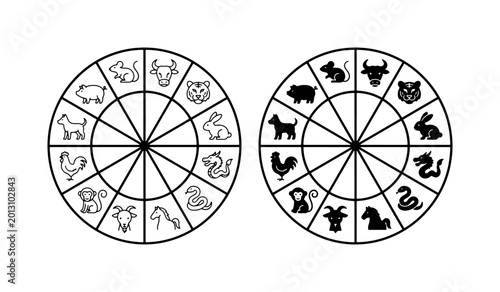 Photos Chinese Zodiac Animals Wheel, 12 Signs Circular Chart Vector Set, Astrology Cale
