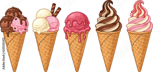 Tableau sur toile Delicious Ice Cream Cone Vector Set Featuring Creamy Soft Serve and Colorful Fro