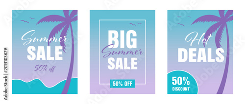 Vector collection of summer sale vertical banners featuring tropical palm silhouettes and ocean waves. Professional marketing templates with 50 percent off discount and hot deals text for retail promo