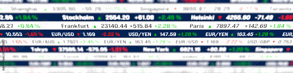 Obraz premium Stock market ticker board, global indices and currency exchange rates market data. Research, banking, financial markets, investment strategy, business, buying und selling stocks.