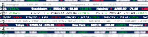 Stock market ticker board, global indices and currency exchange rates market data. Research, banking, financial markets, investment strategy, business, buying und selling stocks.