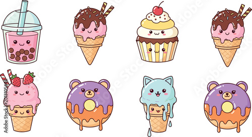 Foto Kawaii sweet dessert character collection featuring ice cream cones bubble tea c