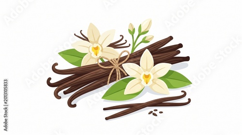 Bright Vector Illustration of Vanilla Beans, Flowers, and Leaves