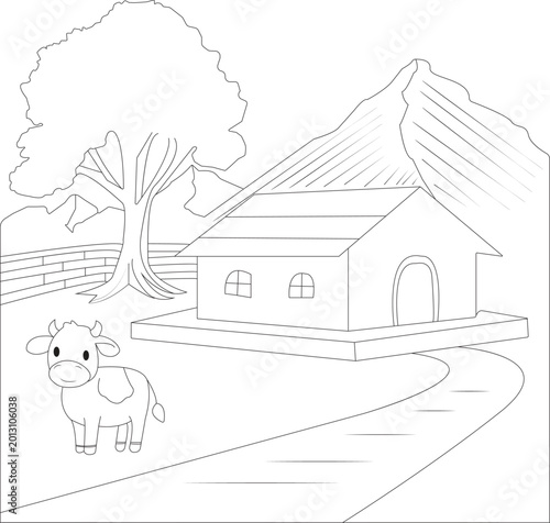 Village Colouring Book Page for Kids Simple Rural Landscape Line Art Illustration