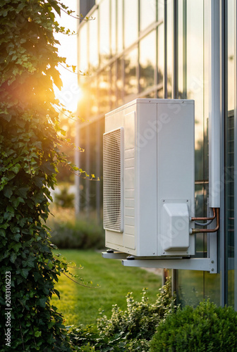 Air conditioning unit installed on building wall in sunset lighting  