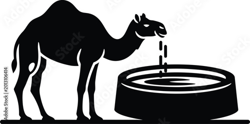 Fotografi Silhouette of a camel drinking water from a trough with one hump, black and whit