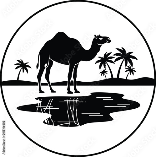 Tableau sur toile Silhouette of a camel by a water puddle with palm trees one hump black and whi