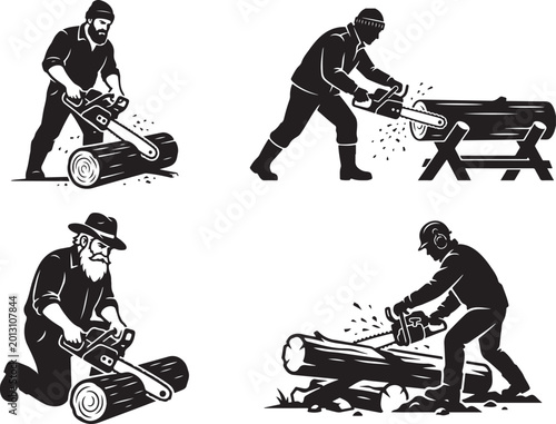 A lumberjack using a chainsaw to cut a log depicted in a stark black and white silhouette