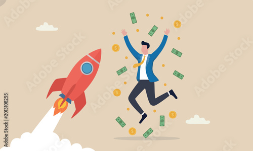 Foto Success red rocket happy millionaire with plenty of money and wealth, income or