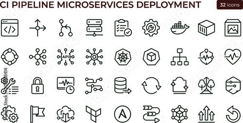 CI pipeline microservices deployment line icon set for devops dashboard ui cloud automation and infrastructure management