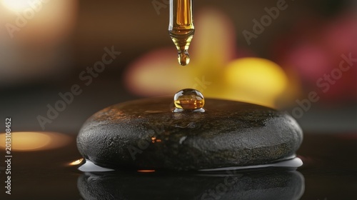 Healing Oil Drop on Smooth Stone in Spa Setting with Blossoms