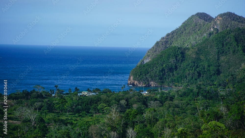 Obraz premium WILD, NATURAL COASTLINE AMONG GREEN MOUNTAINS ON THE BEACH OF VENEZUELA