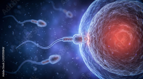 Microscopic View of Human Fertilization with Sperm Cell Reaching Egg