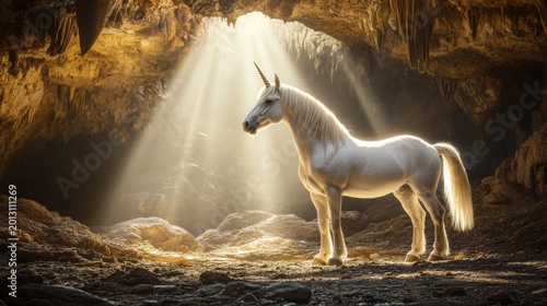 Enchanting Unicorn Standing Gracefully in Cave with Ethereal Light