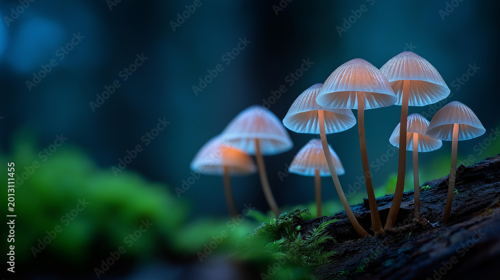 Fototapeta premium Macro close-up of small forest mushrooms growing from a dark woodland surface, fungal nature photography concept, wild mushroom detail, forest floor close-up, defocused