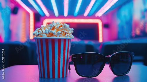 Colorful Popcorn and Sunglasses in a Neon Movie Theater Setting