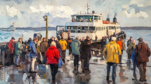 Crowded Ferry Dock in Vibrant Colors with Sailboats in Background