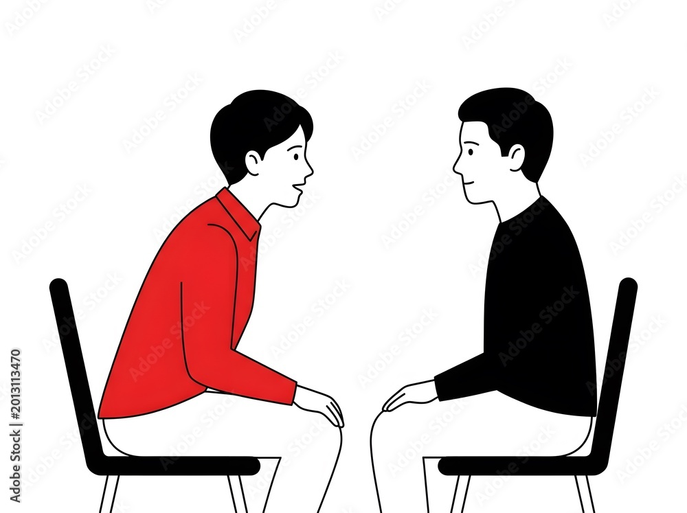 Obraz premium Two men sitting on chairs facing each other having serious conversation minimalist illustration