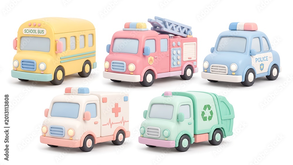 Fototapeta premium Cute pastel vehicles set isolated on white background, 3d render illustration.