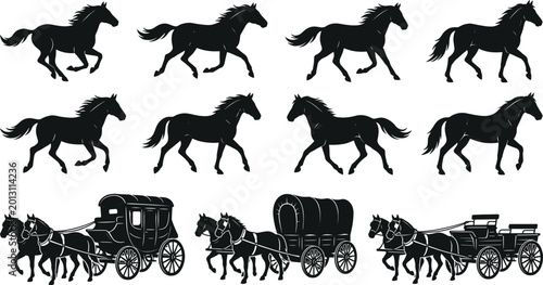 Fotografie PrintCollection of black horse silhouettes featuring galloping stallions and vin