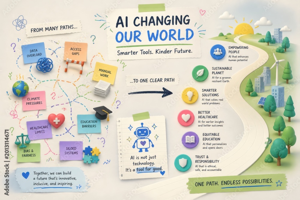 Obraz premium AI changing the world infographic with one clear path connecting sustainability healthcare education and smart solutions