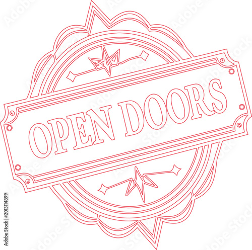 Stylized Red Outline Badge with Open Doors Text Symbolizing Opportunity and New Beginnings