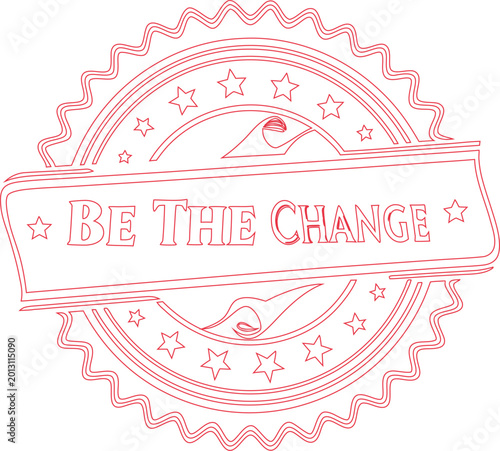 Uplifting Be The Change text showcased on a decorative red ribbon within a starry round stamp