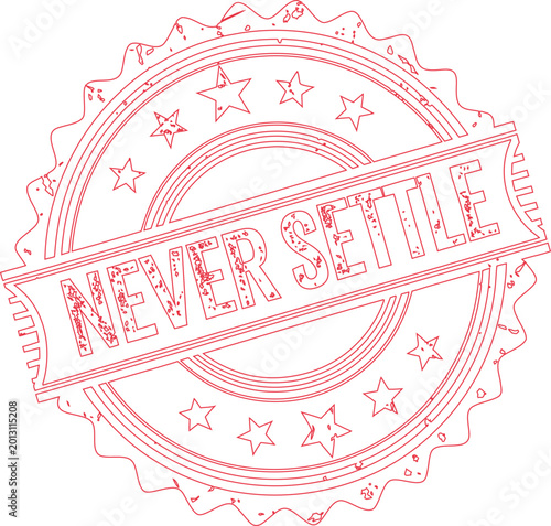 Vibrant red Never Settle round emblem featuring stars and distressed texture