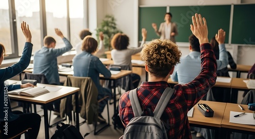 High school students raising hands to answer teacher in bright modern classroom
