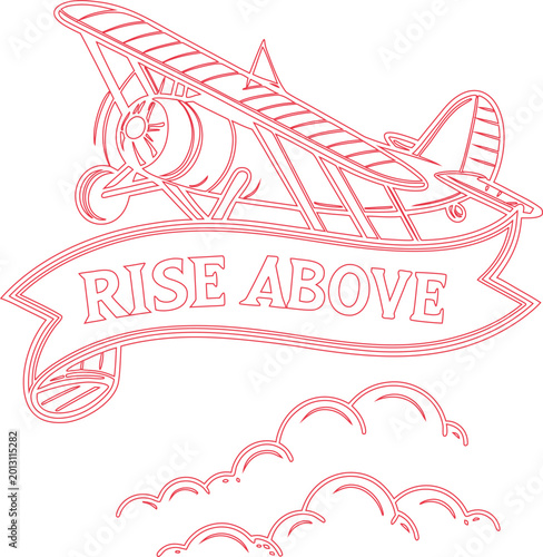 Vintage Biplane Flying Above Clouds with Rise Above Banner for Motivation and Aspiration