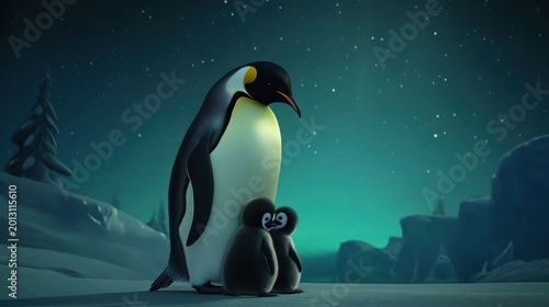 A Heartwarming Scene of Penguins in a Snowy Landscape at Night