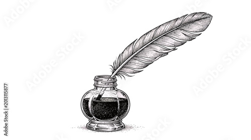 Feather quill pen and inkwell with ink splatter writing instrument old fashioned dip pen black and white writing tools vintage tool ink bottle art literary