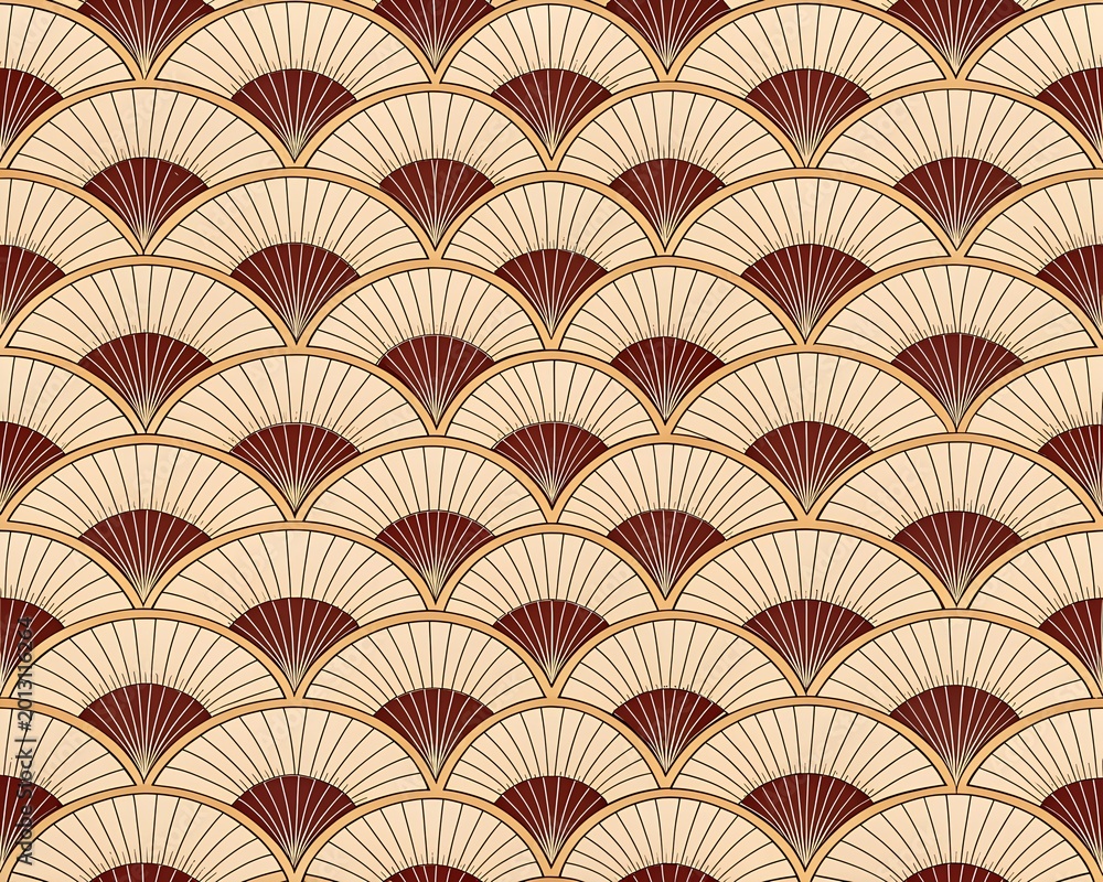 Seamless art deco pattern with golden fan shapes and geometric brown lines