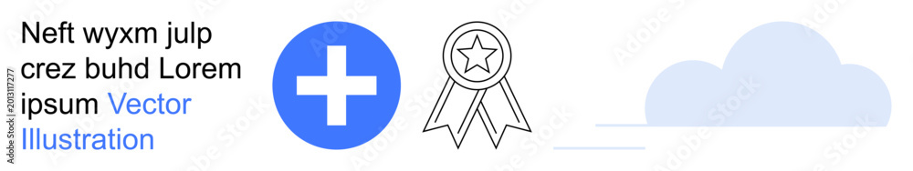 Fototapeta premium Healthcare, awards, achievement, cloud computing, digital services, recognition. A blue cross, award ribbon and cloud icon. Healthcare and awards recognition concept