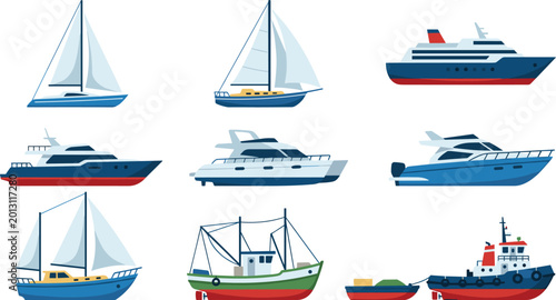 Bild auf Leinwand Boat and Ship Collection Featuring Sailboats, Yachts, Fishing Boats, and Tugboat