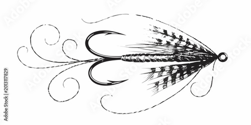 Tableau sur toile Fly fishing lure illustration artistic black and white drawing