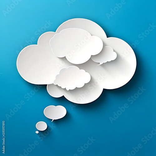 Overlapping paper thought bubbles on blue background