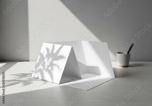 Minimalist white paper pyramid with crumpled ball, pen, and paper on light desk white pyramid