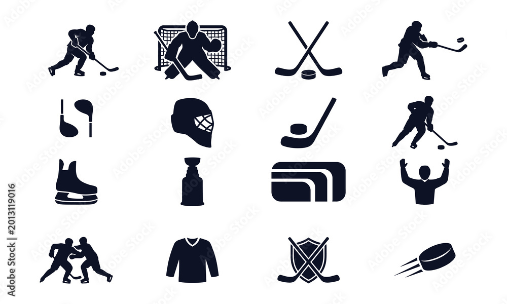 Obraz premium Ice hockey equipment and player silhouettes vector graphic collection