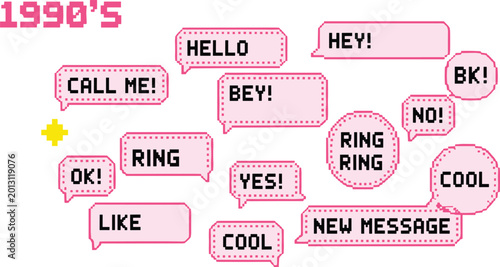 1990s pixel art communication illustrations with speech bubbles, retro text phrases, and nostalgic vector design concepts