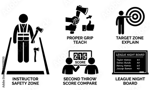 Black and white illustrations of axe throwing sport concepts and instructor safety guidelines