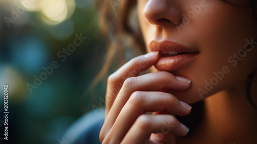 Close-up of hand pressing lips then releasing in a portrait with blurred background and copy space conveying suppressed words and quiet emotional nuance