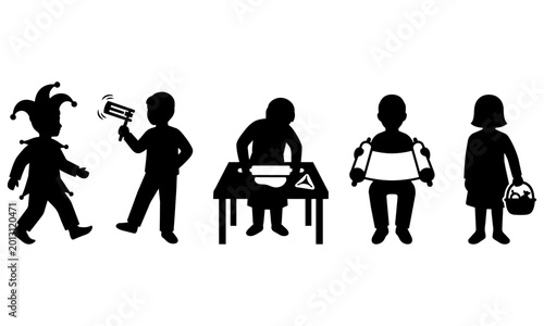 black silhouettes of children in various Halloween costumes and activities on white background