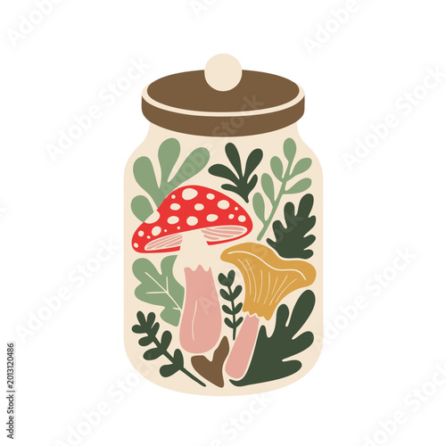 mason jar with assorted mushrooms and foliage flat botanical