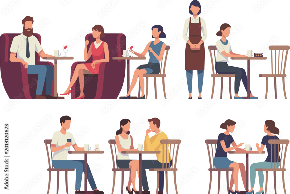 Fototapeta premium Flat Vector Illustration of Diverse People Sitting in a Cafe Restaurant Enjoying Drinks and Socializing in Small Groups