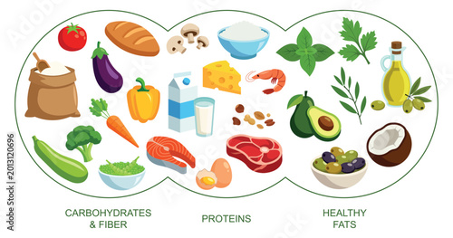 Bild auf Leinwand Proteins, fats and carbs presented by food products