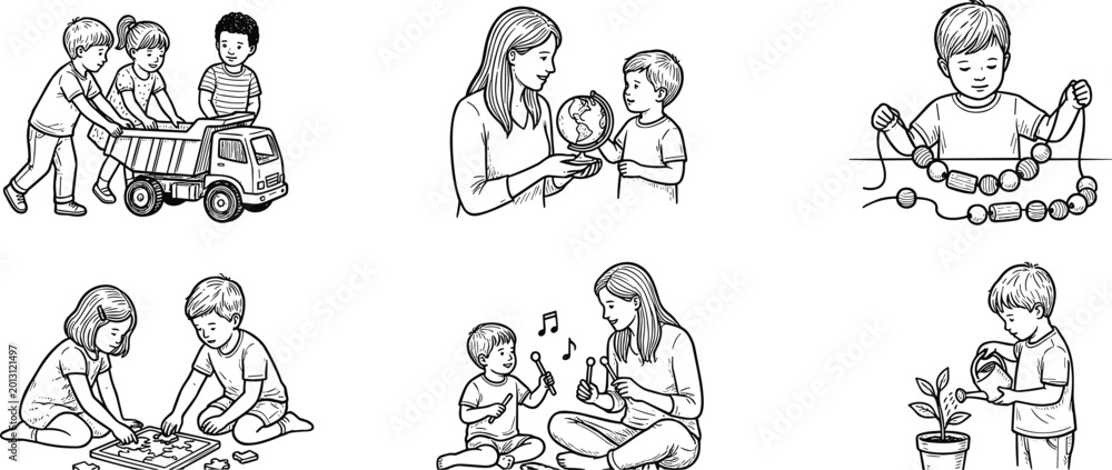 Fototapeta premium Set of Children's Activities Illustrations Featuring Playtime, Learning, and Creative Play for Digital Art and Educational Graphics