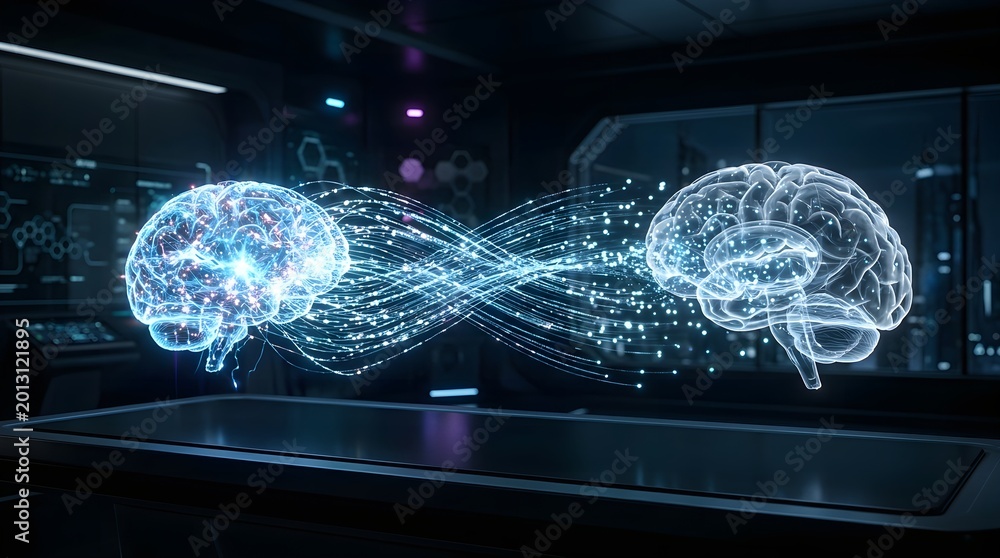 Obraz premium Artificial Intelligence Neural Network Data Transfer Between Digital Brains in High-Tech Laboratory Concept.